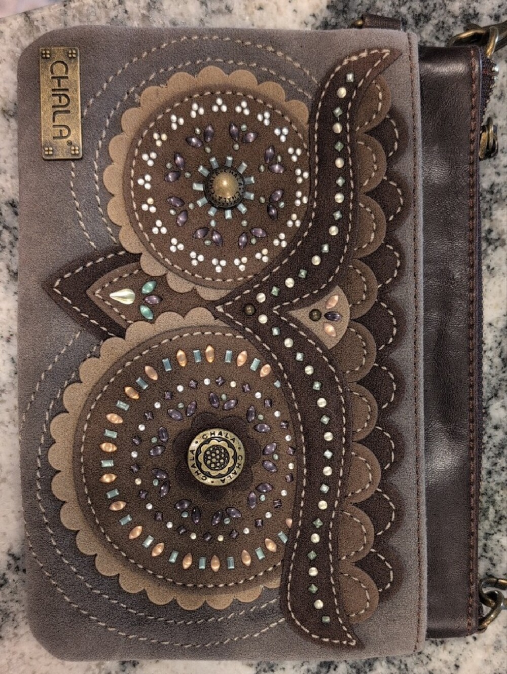 Chala Brown and Tan Owl Crossbody Bag with Studded Embellishment - Picture 6 of 6